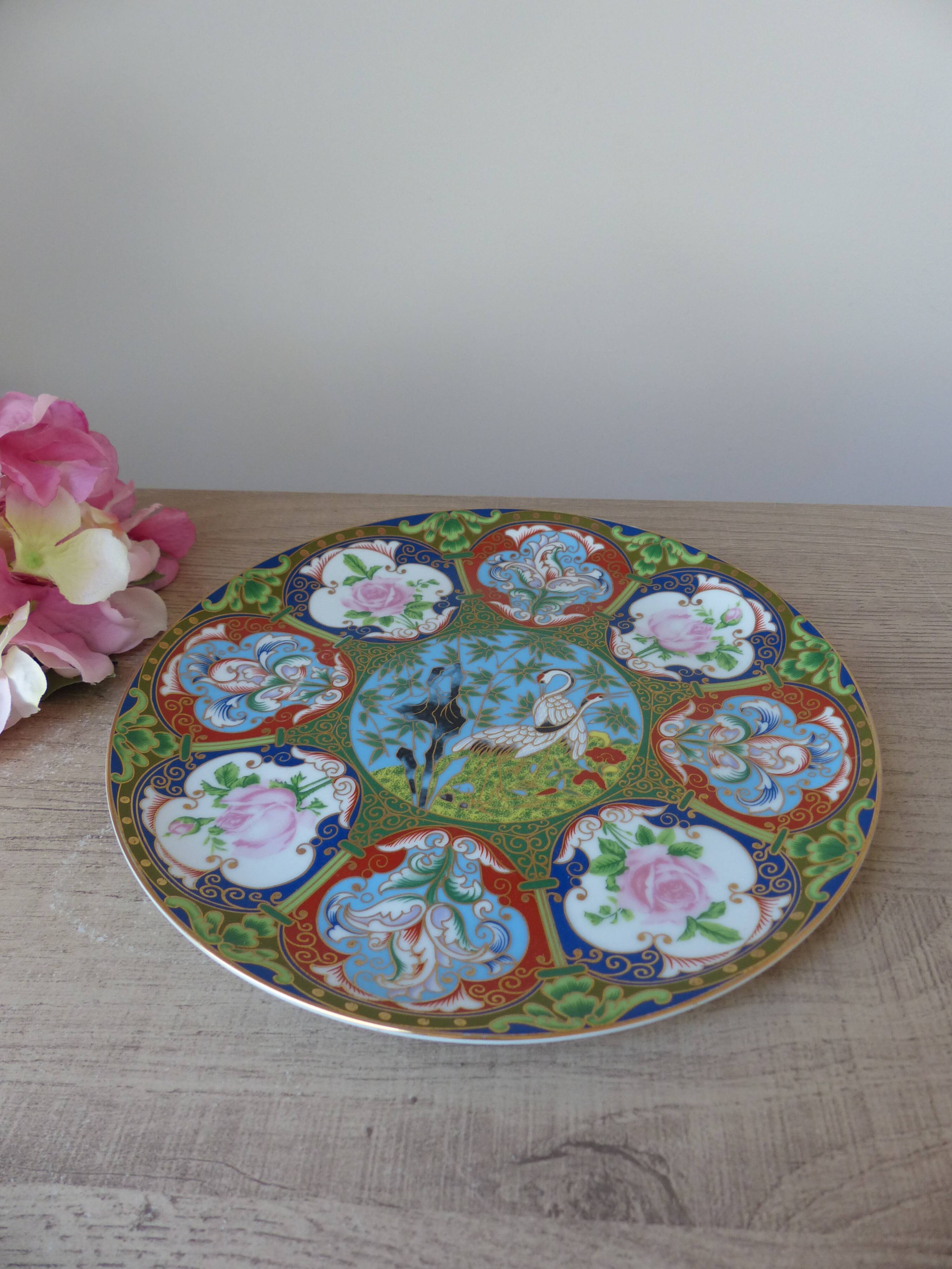 Vintage Japanese plate – Hand-painted cranes and flowers