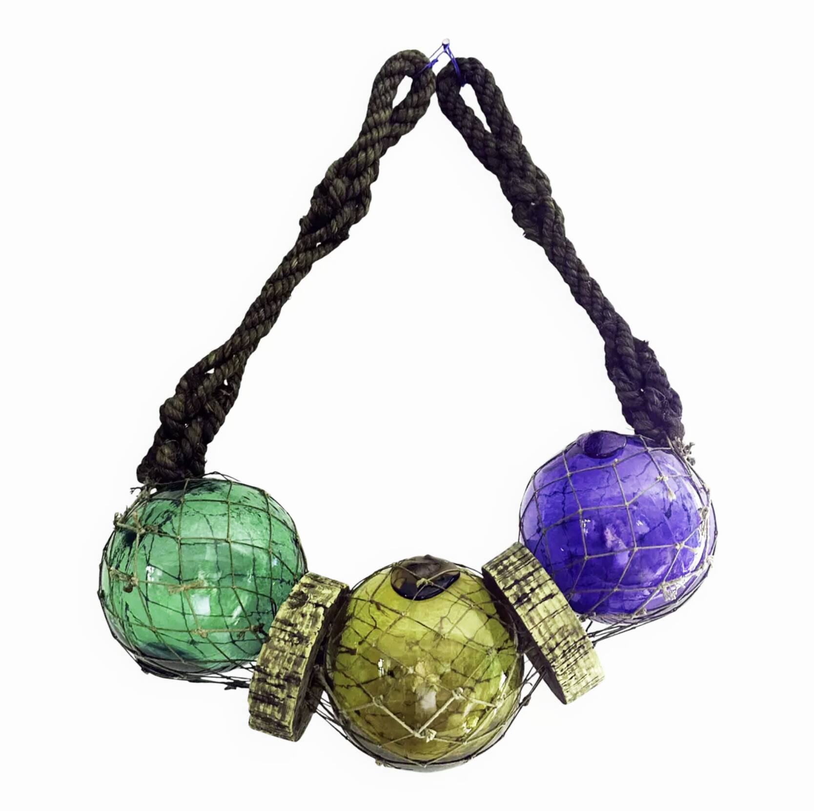 Fishing floats made of blown glass, cork, and rope. France, 1960s.