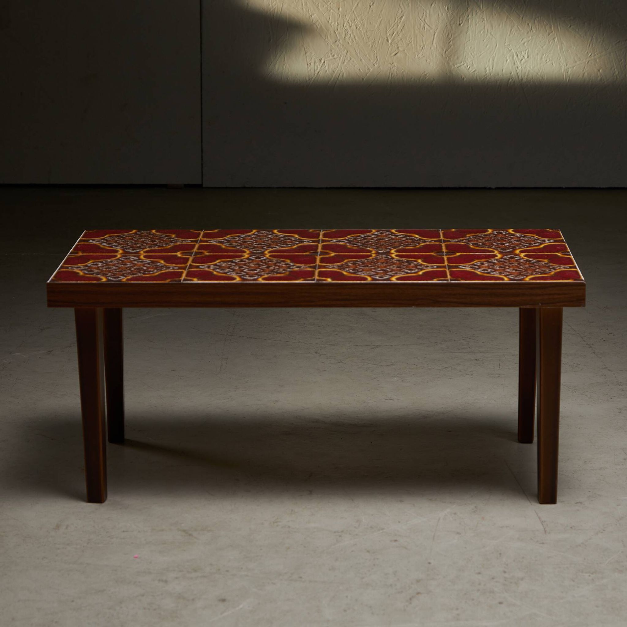 Wooden Veneer Low Side Table with Colourful Flower Ceramics Top, 1970s