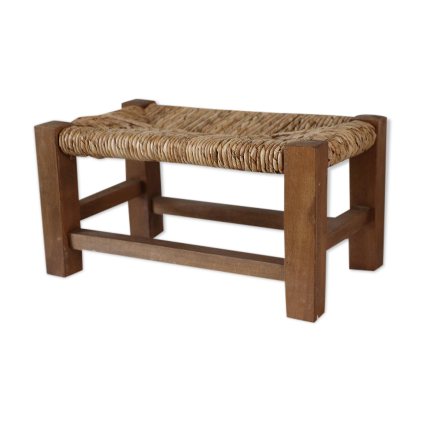 Tabouret Repose-Pieds Rustique En Bois De Chêne Et Paille - Occasion Bon État - Fabriqué En France