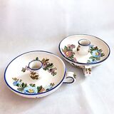 Pair of handmade cracked earthenware hand candlesticks signed Bassano Italy