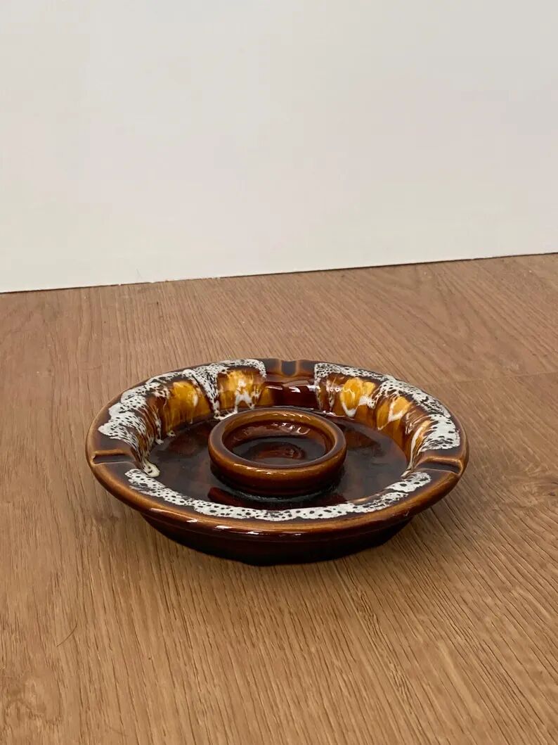 Vintage brown ashtray with drip glaze, 1970s ceramic pottery.