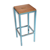 Tabouret d'atelier métal bleu et bois industriel hauteur 66 cm