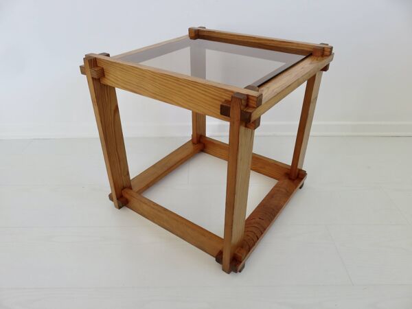 Table de chevet ou table d'appoint scandinave en pin et verre fumé, 1980