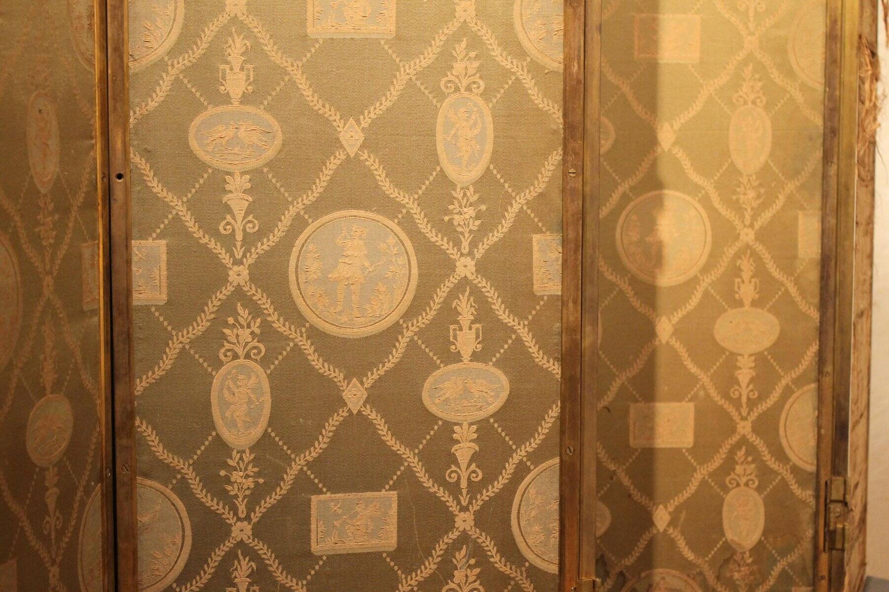 19th Century Italian Six-Panel Painted Wood Folding Screen in Gilt Bronze Frame
