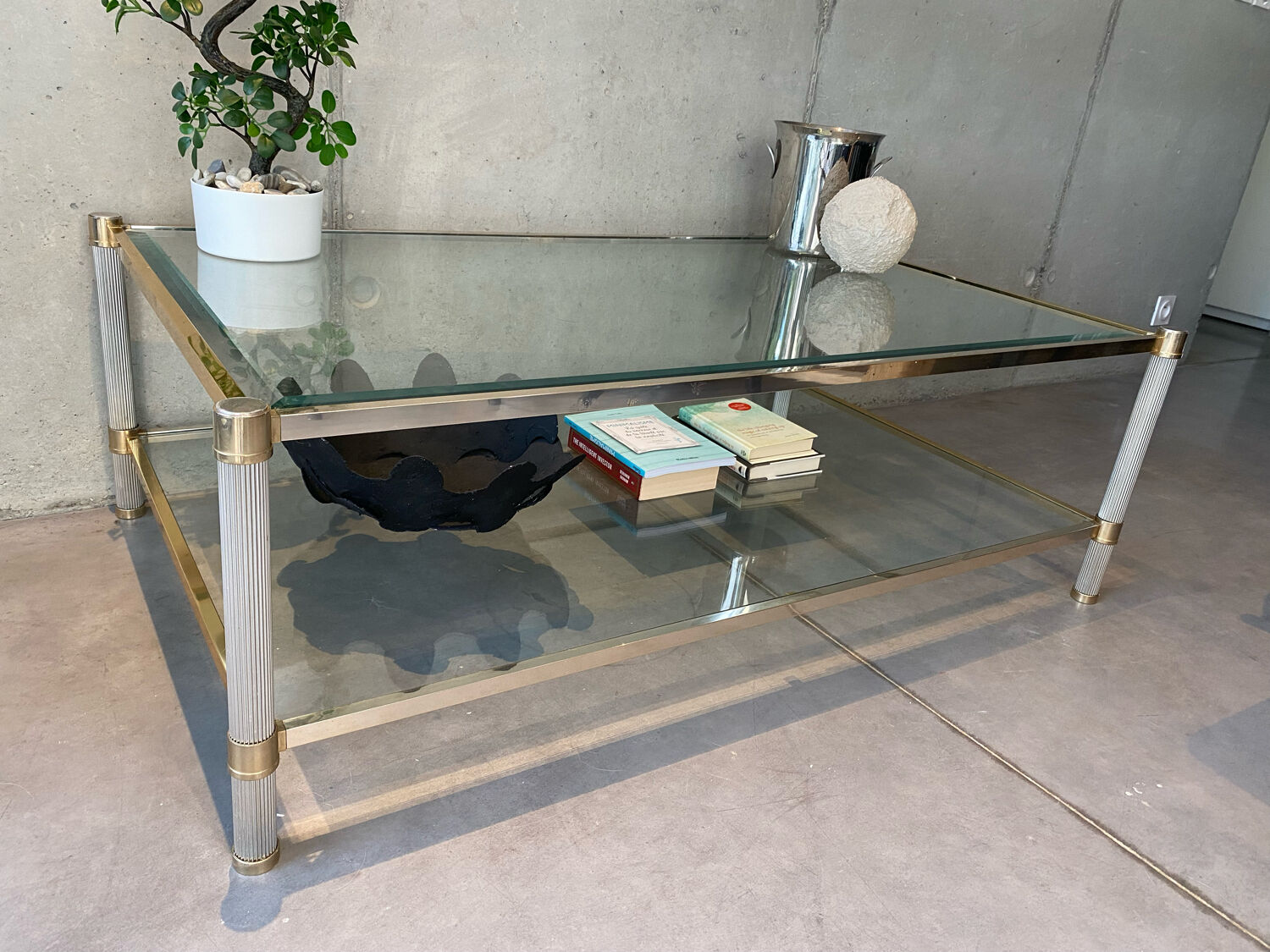 Table basse double plateau laiton et verre