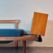 Norwegian daybed sofa in teak and blue fabric, renovated, vintage scandinavian 1960s