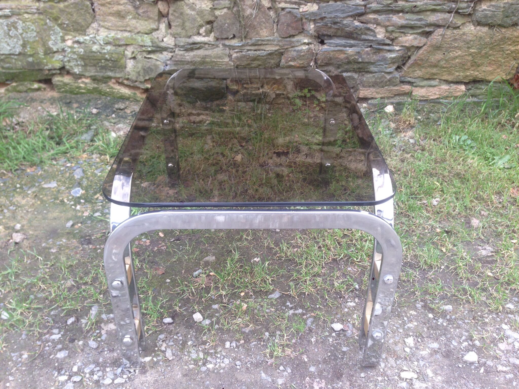 1970 chrome-shaped smoky glass coffee table