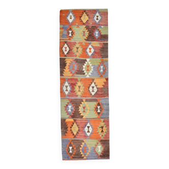 3x10 Geometric Multicolor Turkish Kilim Runner Rug,Rug For Hallway,95x295Cm