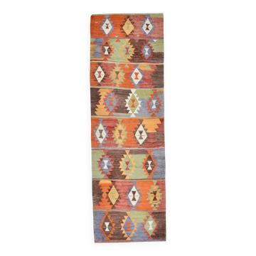 3x10 Geometric Multicolor Turkish Kilim Runner Rug,Rug For Hallway,95x295Cm