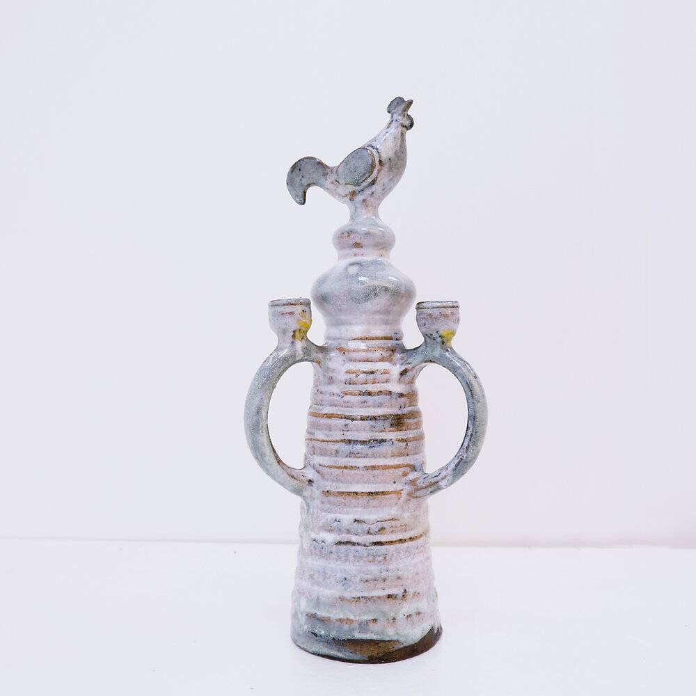 Three-light chandelier in glazed ceramic in the style of Jacques Pouchain.