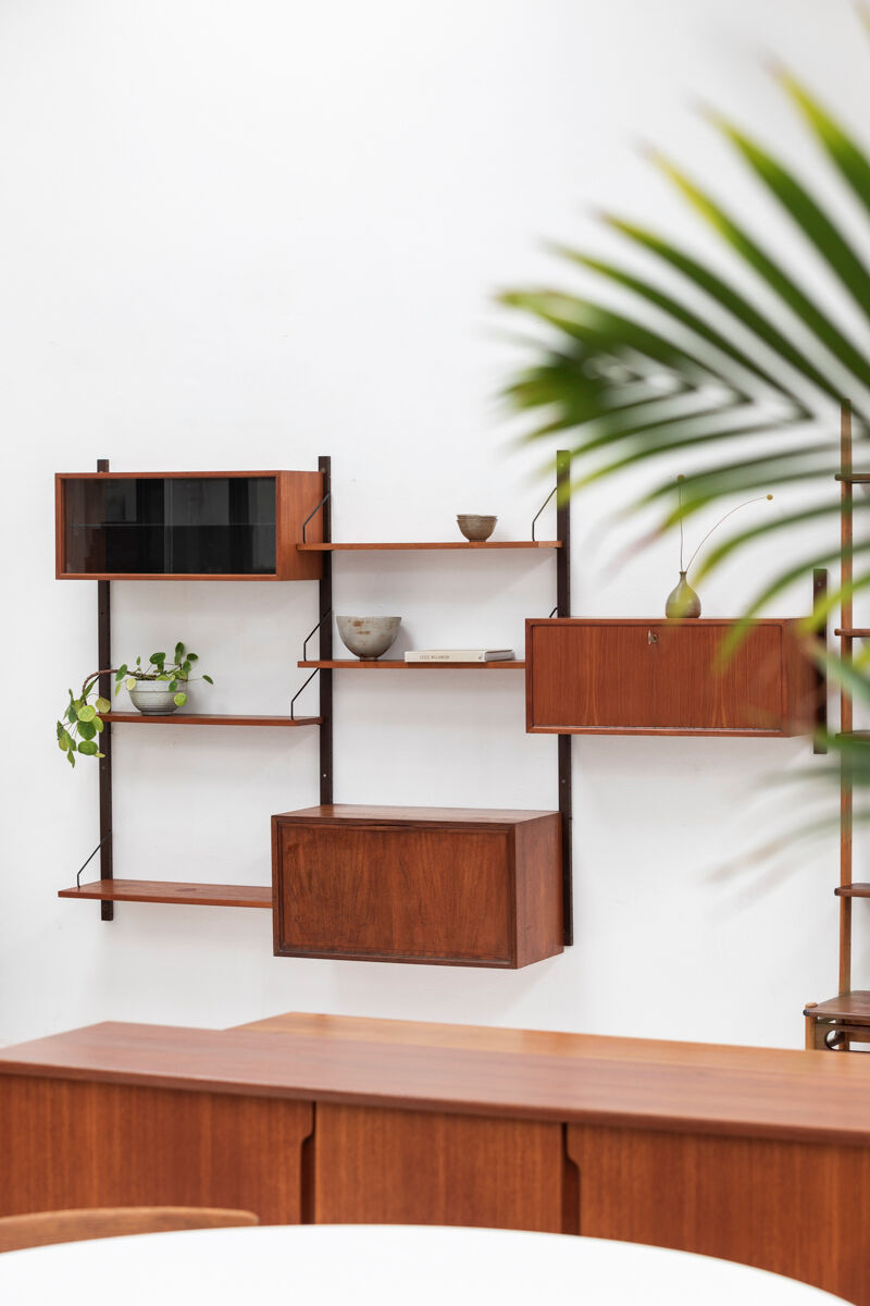 Playful 3-bay wall unit in teak wood by Poul Cadovius, Denmark, 1950s