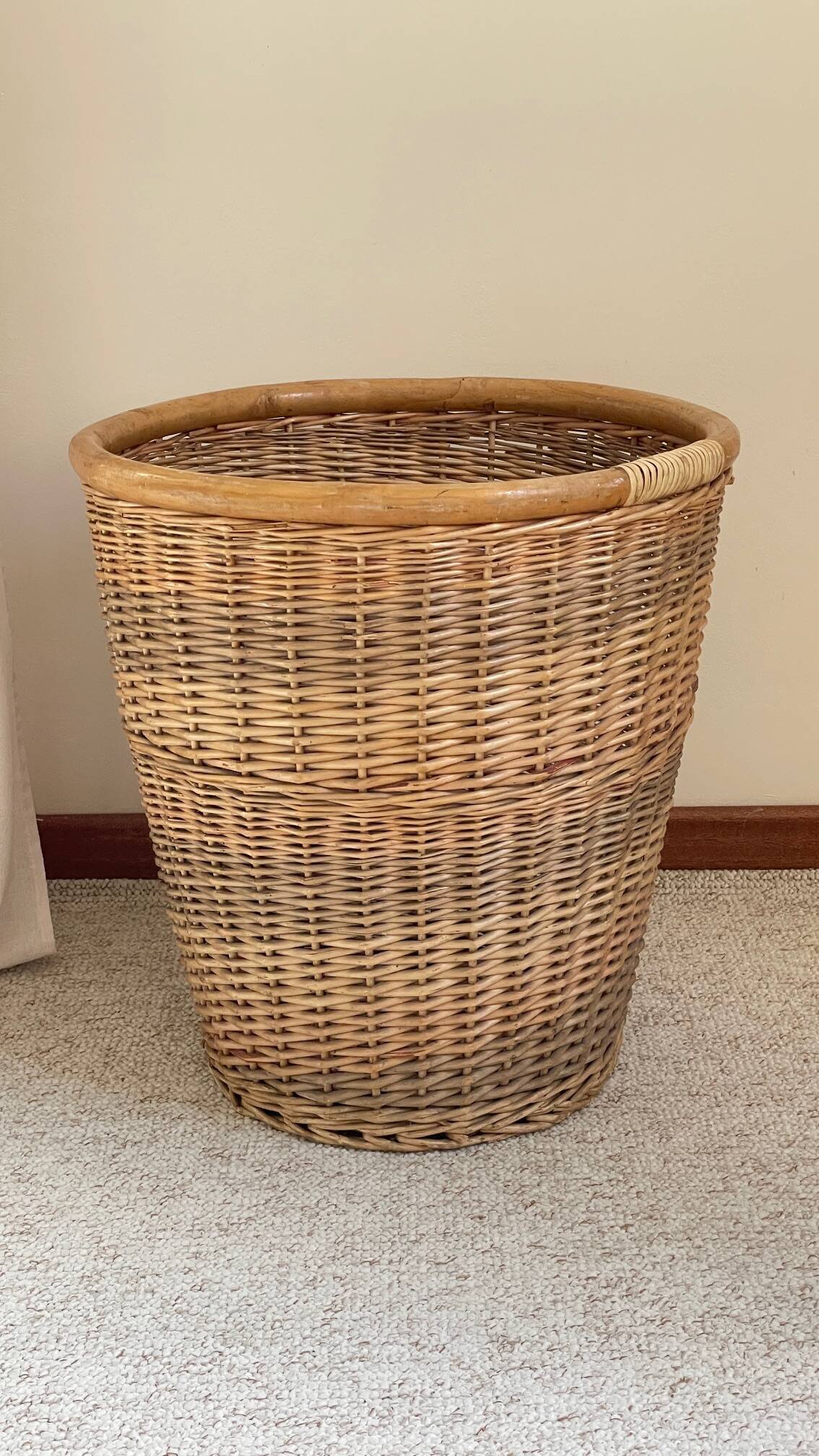 Large BASKET Vintage WICKER Wooden Rim