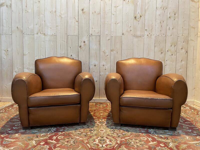 Pair of art deco leather club armchairs