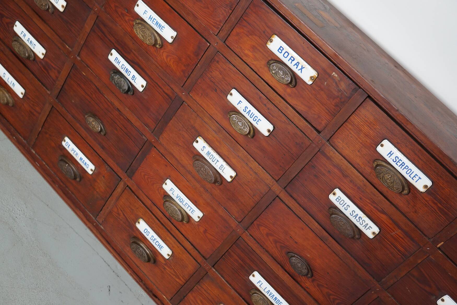 Large Antique Belgian Pitch Pine Apothecary Cabinet with Enamel Shields, 1900s