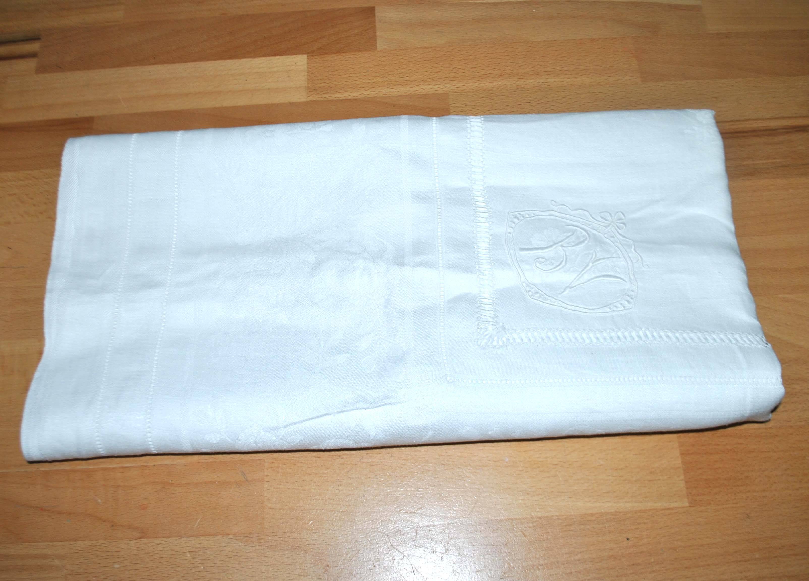 Vintage tablecloth in mixed cotton damask 130x150 floral decor monogram medallion BV + 10 napkins *M