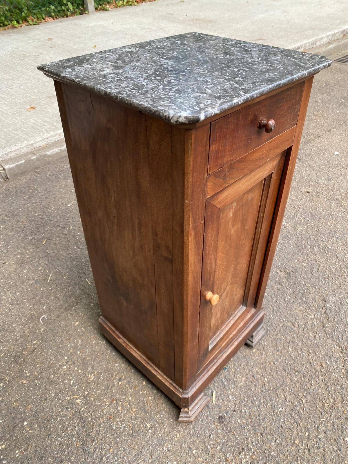 Louis Philippe bedside table from the 19th century in solid wood and grey marble.