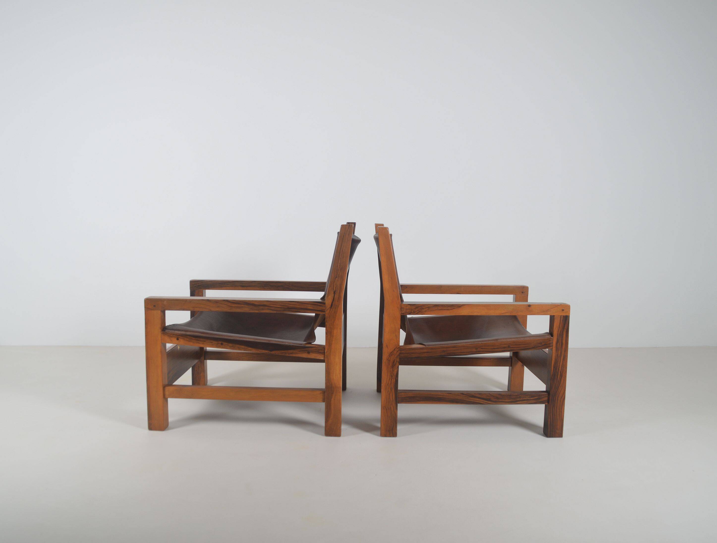 Set of French armchairs in olive wood with saddle leather, 1970s