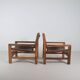Set of French armchairs in olive wood with saddle leather, 1970s