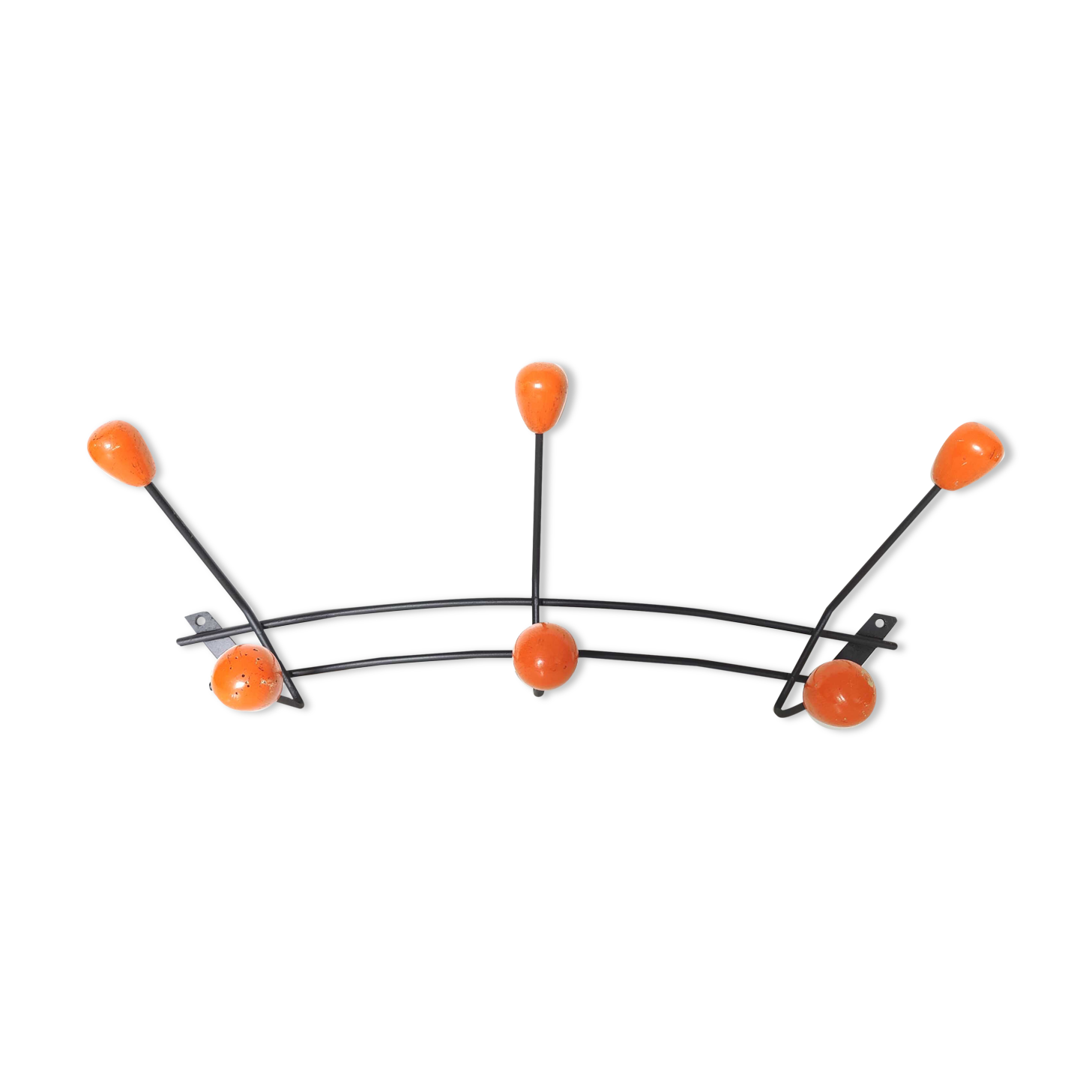 Black metal coat rack and orange wood balls