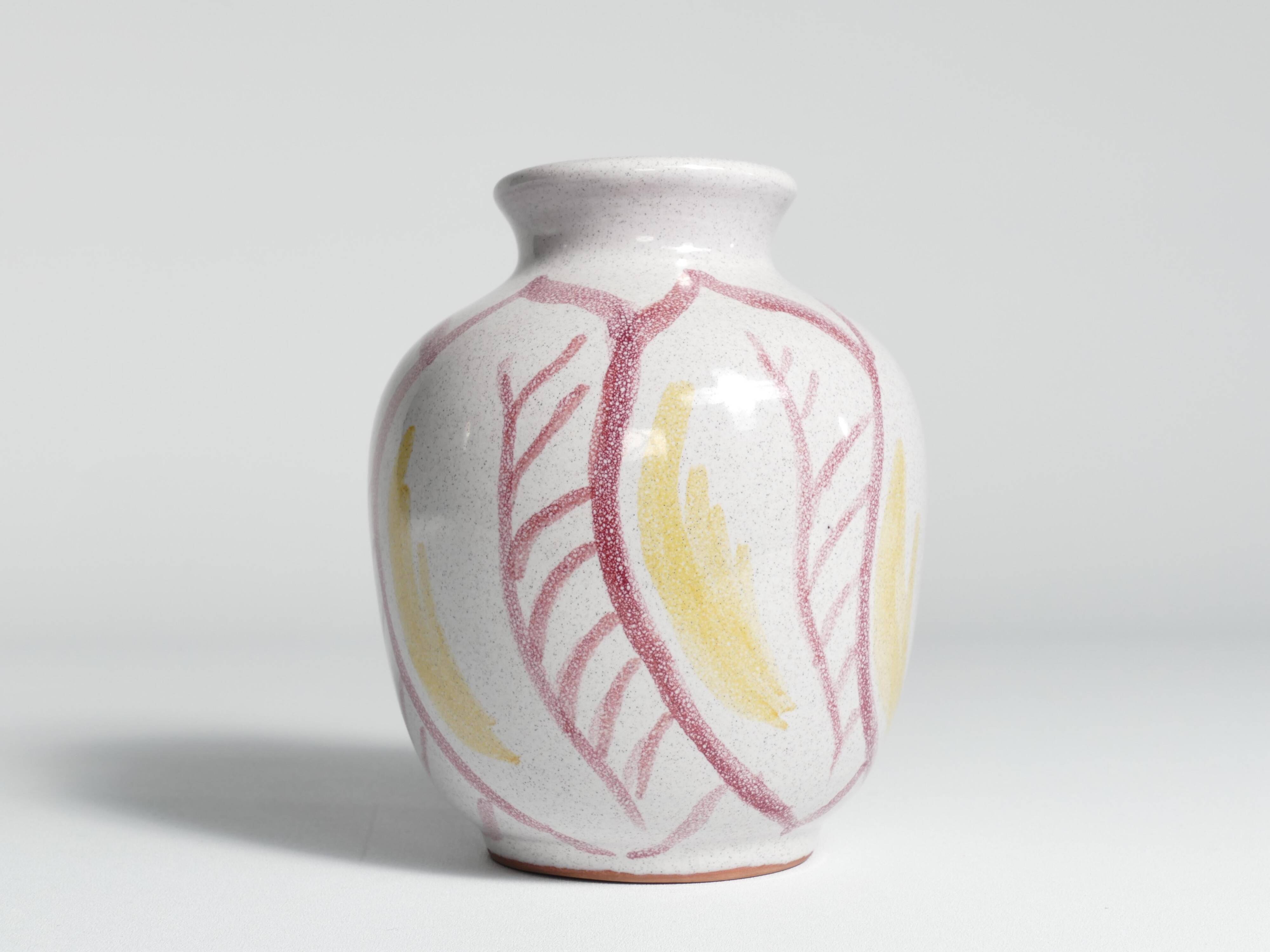 Scandinavian Modern Ceramic Vase with Red & Yellow Leaves, Alingsås Keramik 1947