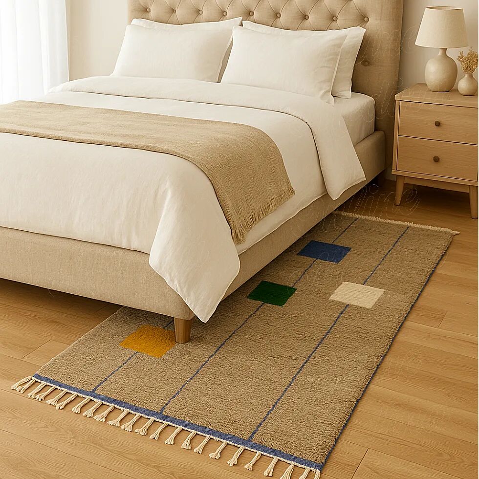 Beige Berber rug, wool, modern square patterns.