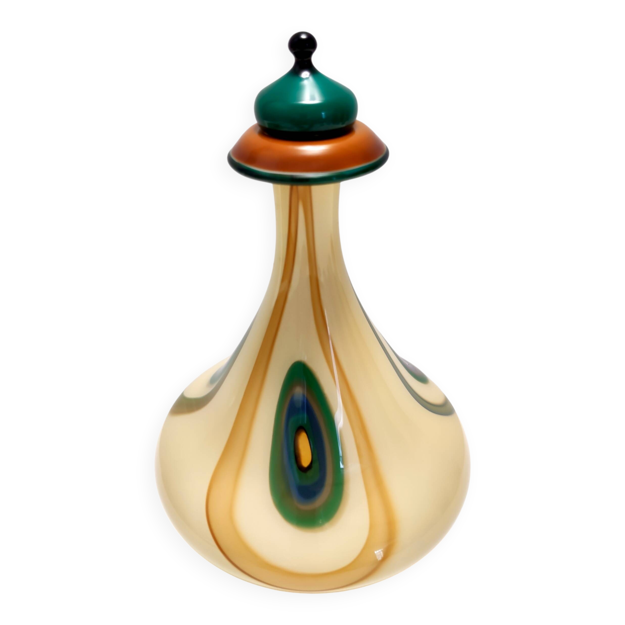 Beige Encased and Hand-blown Glass Decanter Bottle, Italy