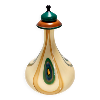 Beige Encased and Hand-blown Glass Decanter Bottle, Italy