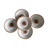Assiettes plates anciennes X5 modèle "Oeillets" de la manufacture française Creil et Montereau