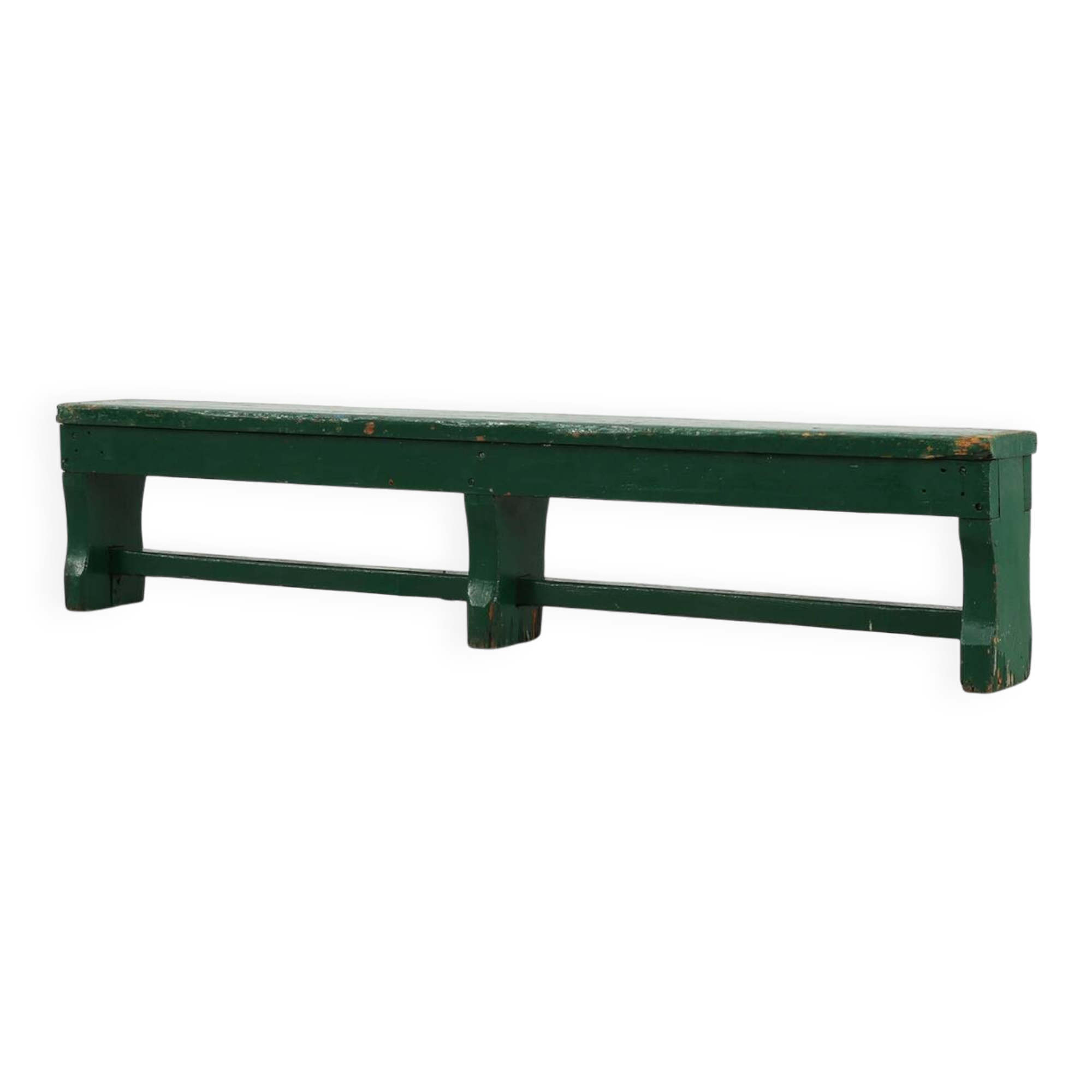 Rustic primitive green farmhouse bench in solid oak, France ca. 1900