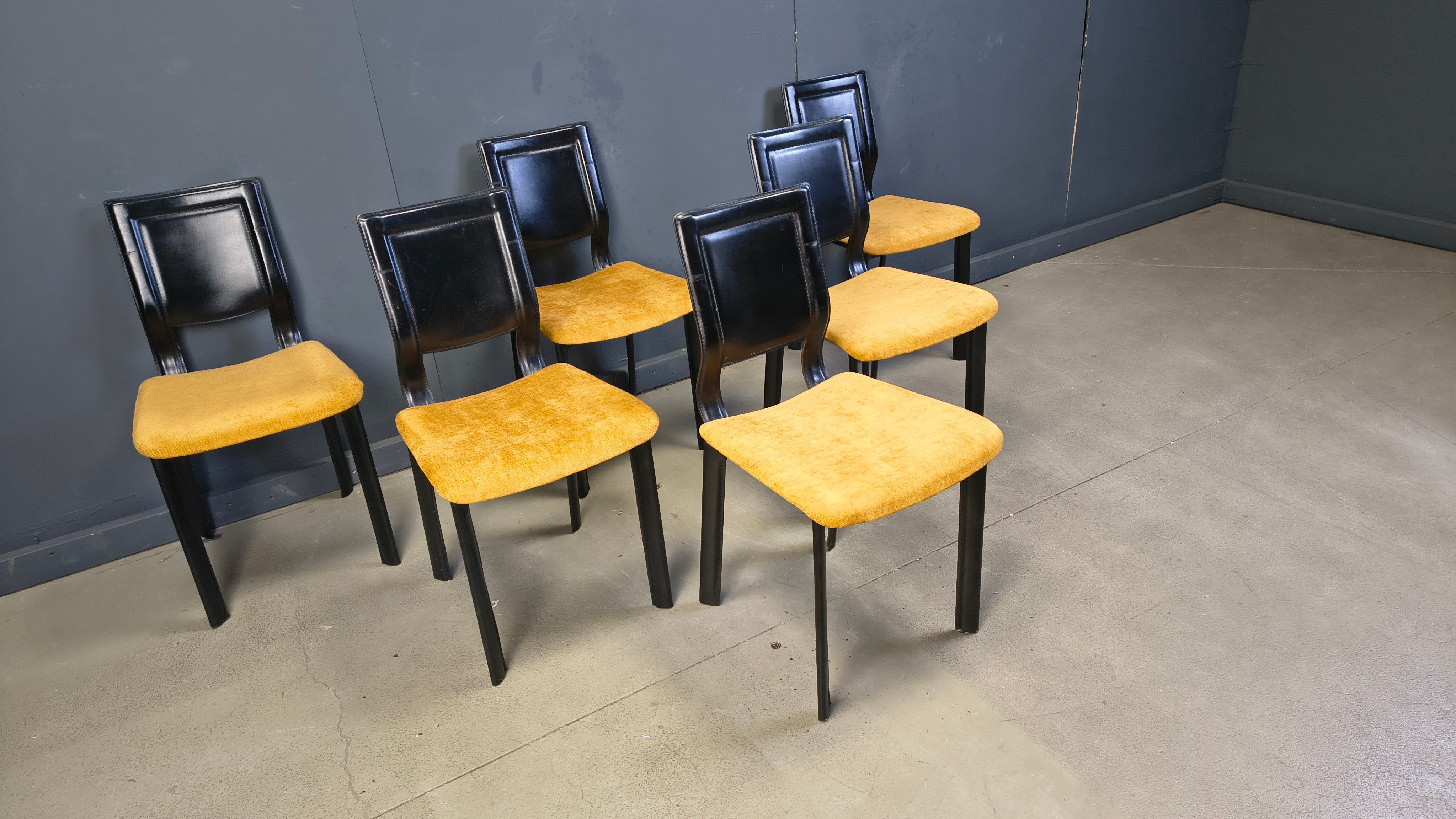 Vintage black leather and yellow fabric dining chairs, set of 6, 1980s