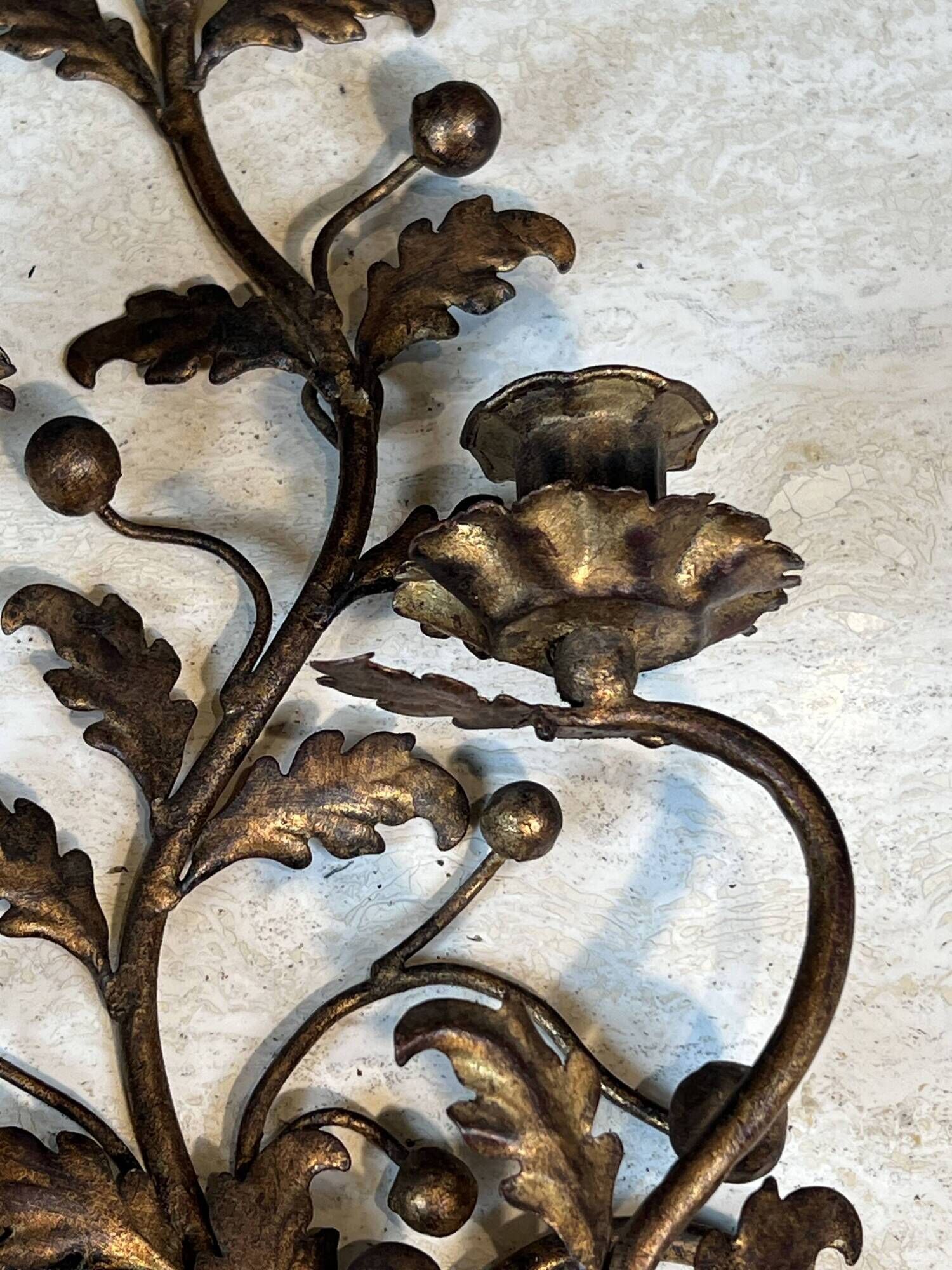 Pair of Two-Arm Wall Lights in Gold Metal with Leaf Decoration