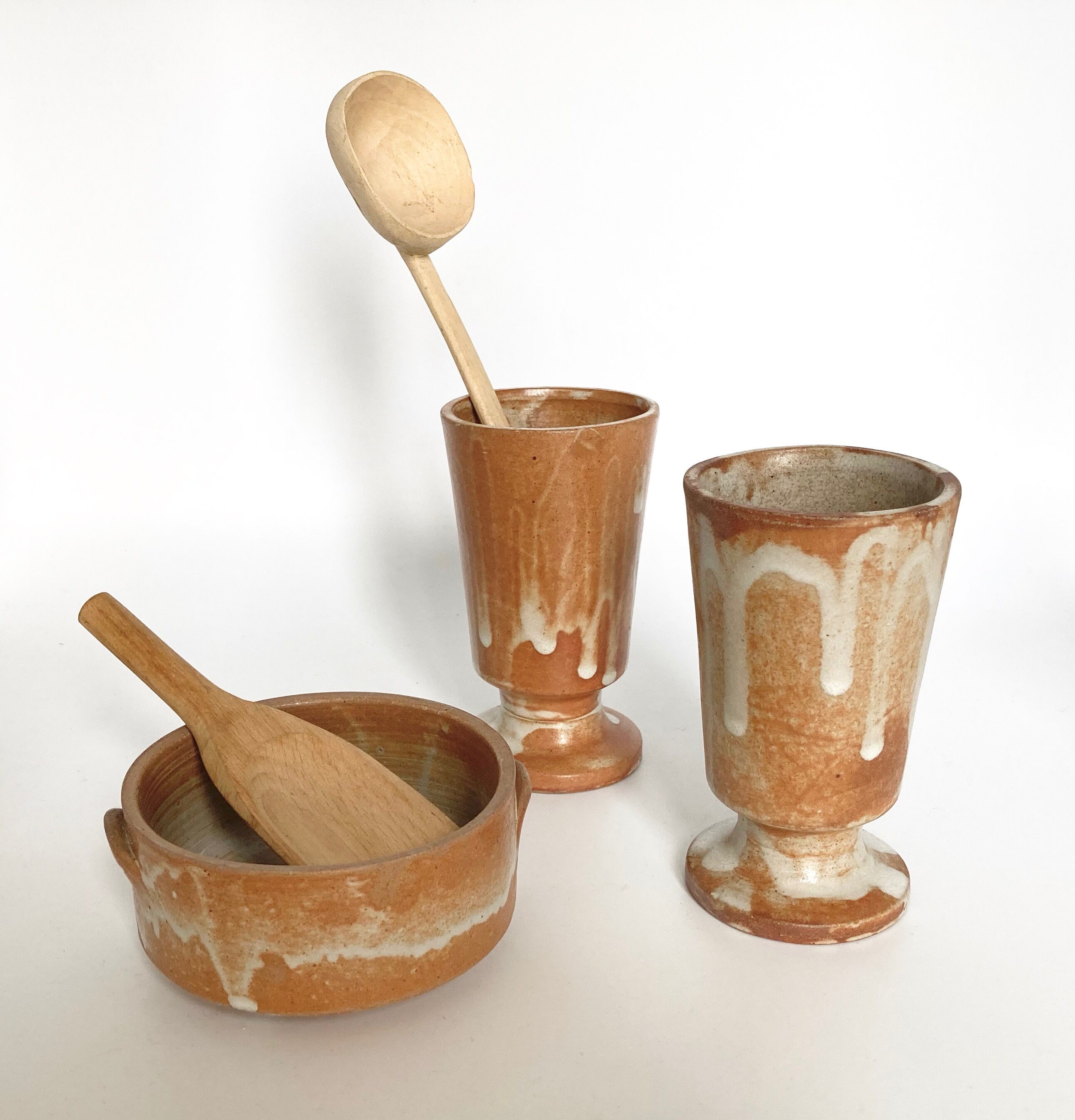 Two vintage stoneware cups and sugar bowl
