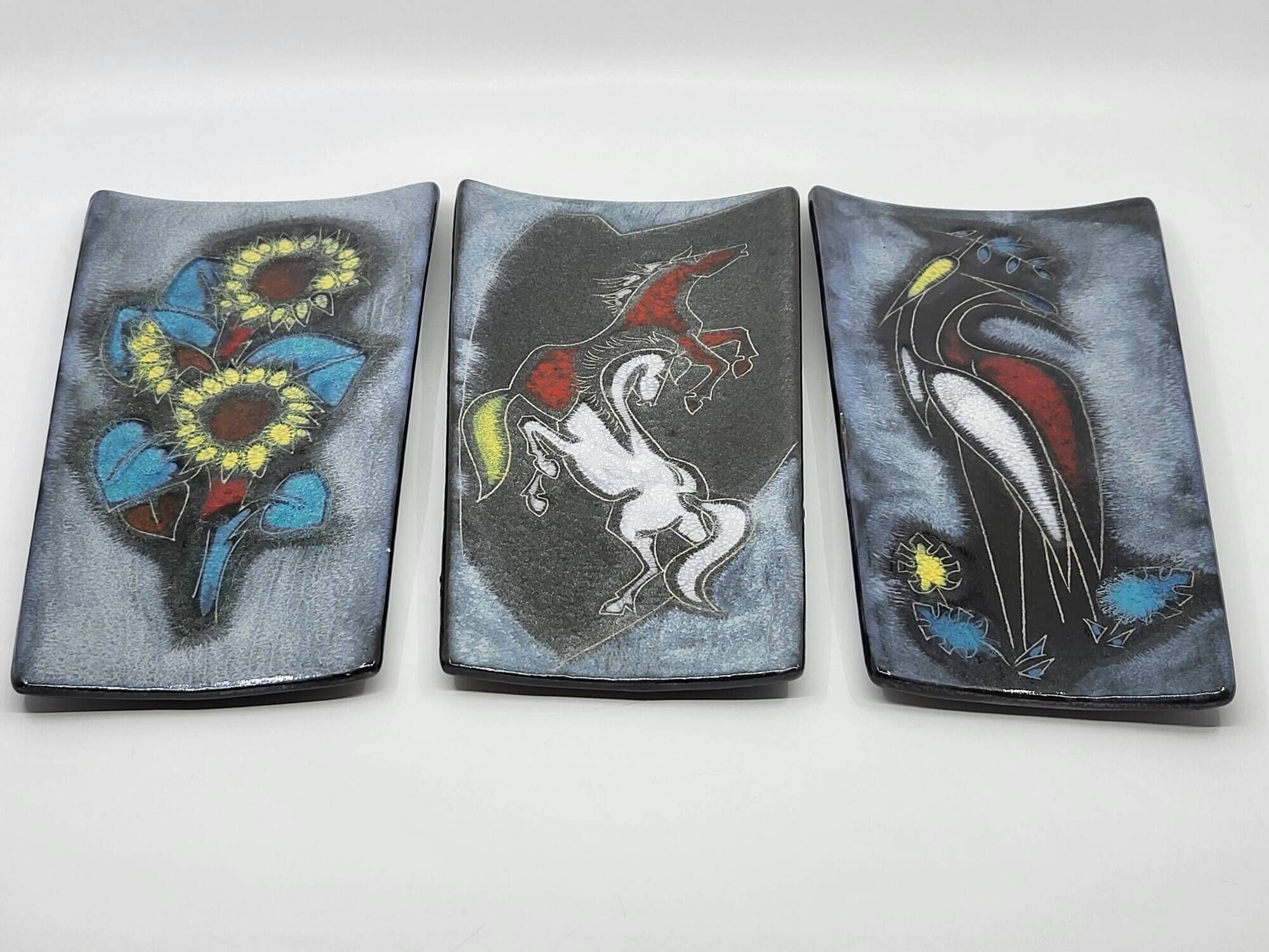 Enamel Triptych Flora & Fauna Vintage 1950