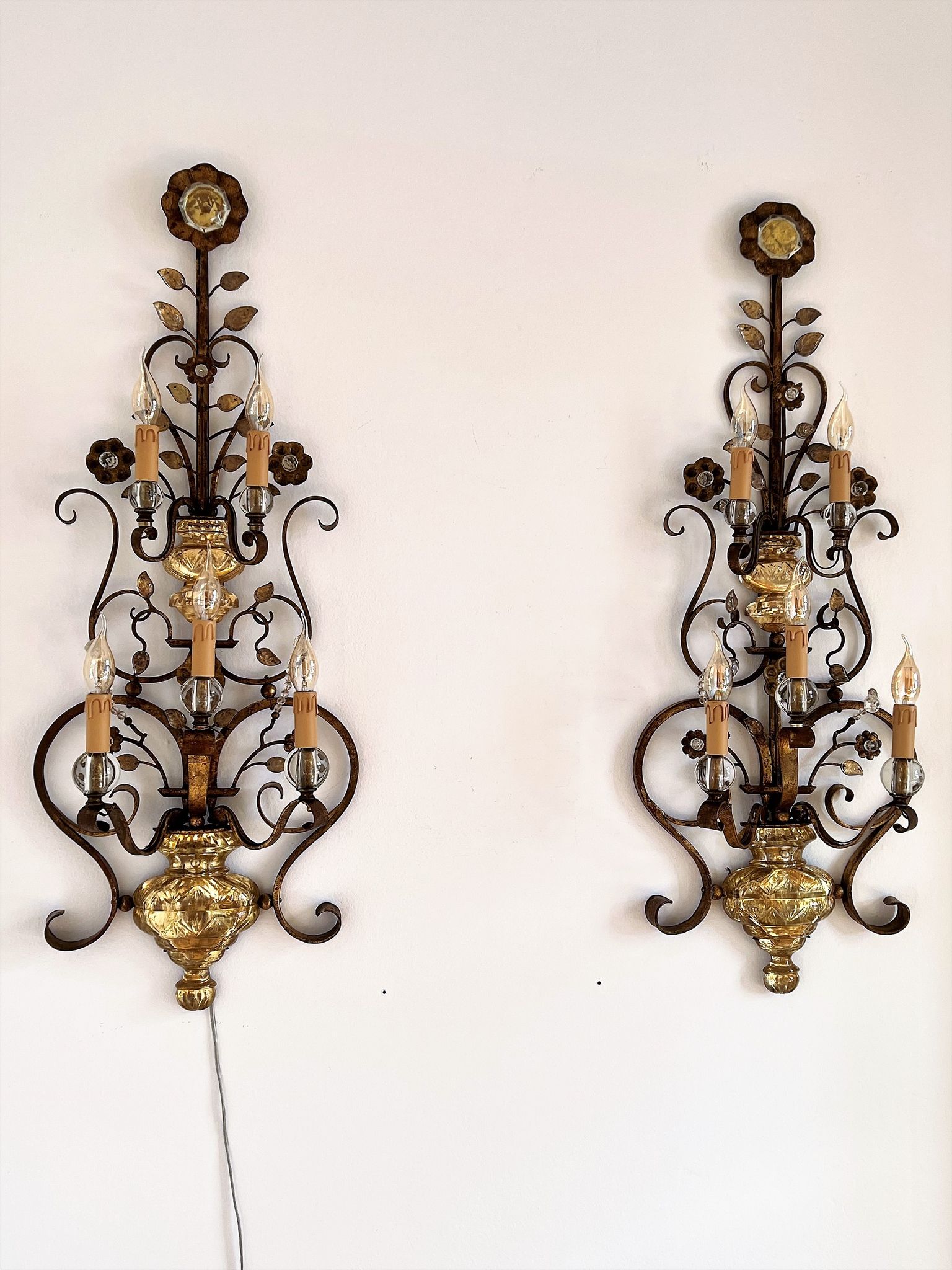 Appliques murales italiennes en cristal et fer forgé doré par Banci Florence, années 1960