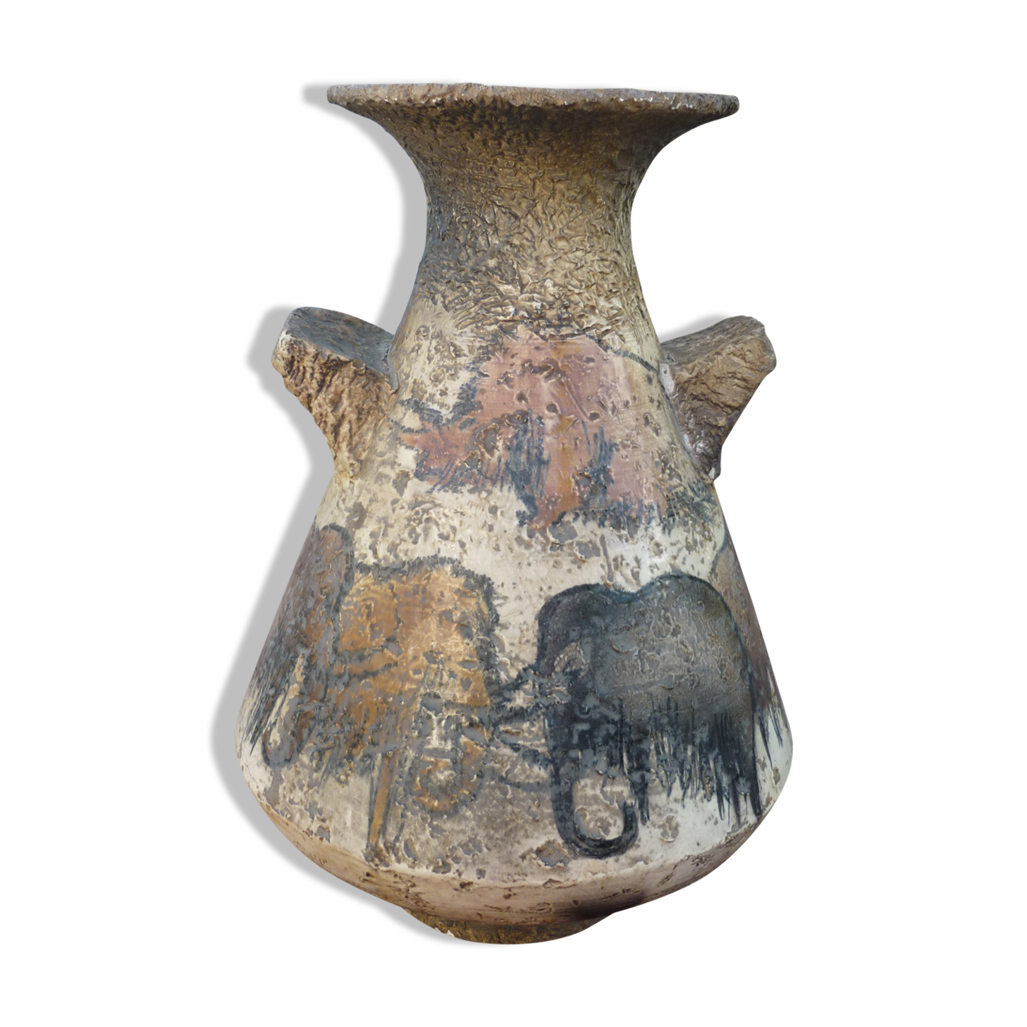Vase vintage décor animaux préhistoire signé Armen