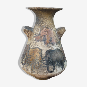 Vase vintage décor animaux préhistoire signé Armen