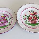 2 semi-deep earthenware plates, Saint Clément, vintage. Flower and rooster patterns
