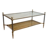 Coffee table in brass, brushed steel, glass, and gilded eglomisé mirror from Maison Jansen.