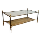 Coffee table in brass, brushed steel, glass, and gilded eglomisé mirror from Maison Jansen.