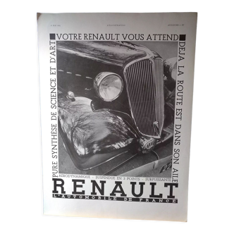 Publicité papier voiture renault issue d'une revue d'époque 1934