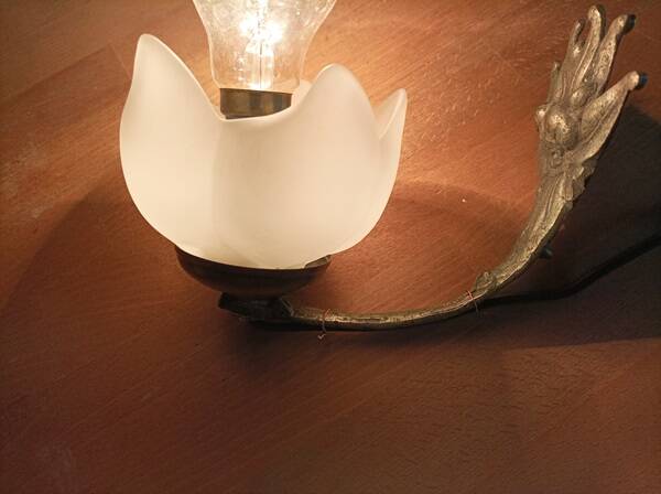 Pink tulip lamp wall light glass paste cast iron base patinated metal