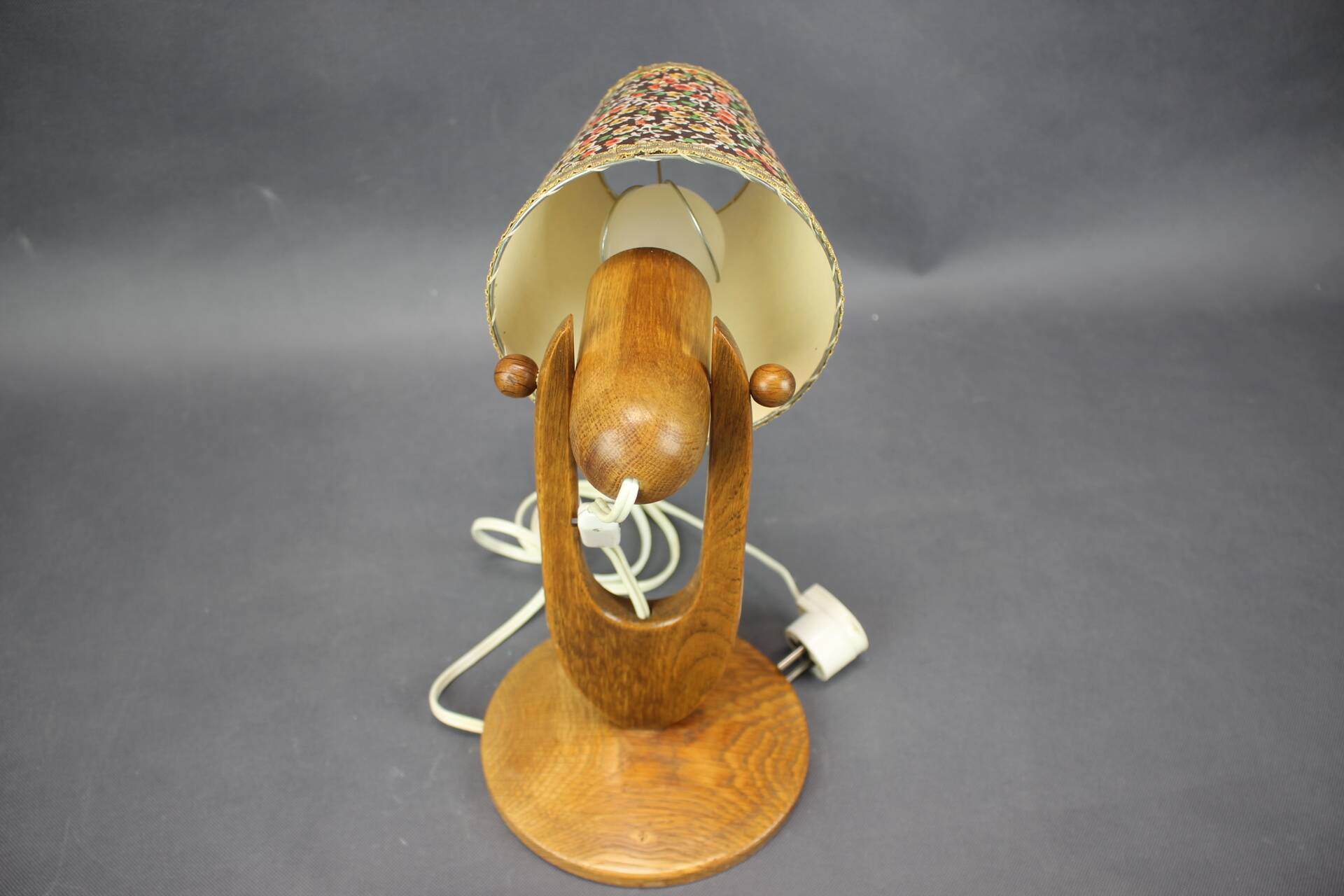 Mid-century adjustable wooden table lamp with floral shade, Czechoslovakia, 1970.