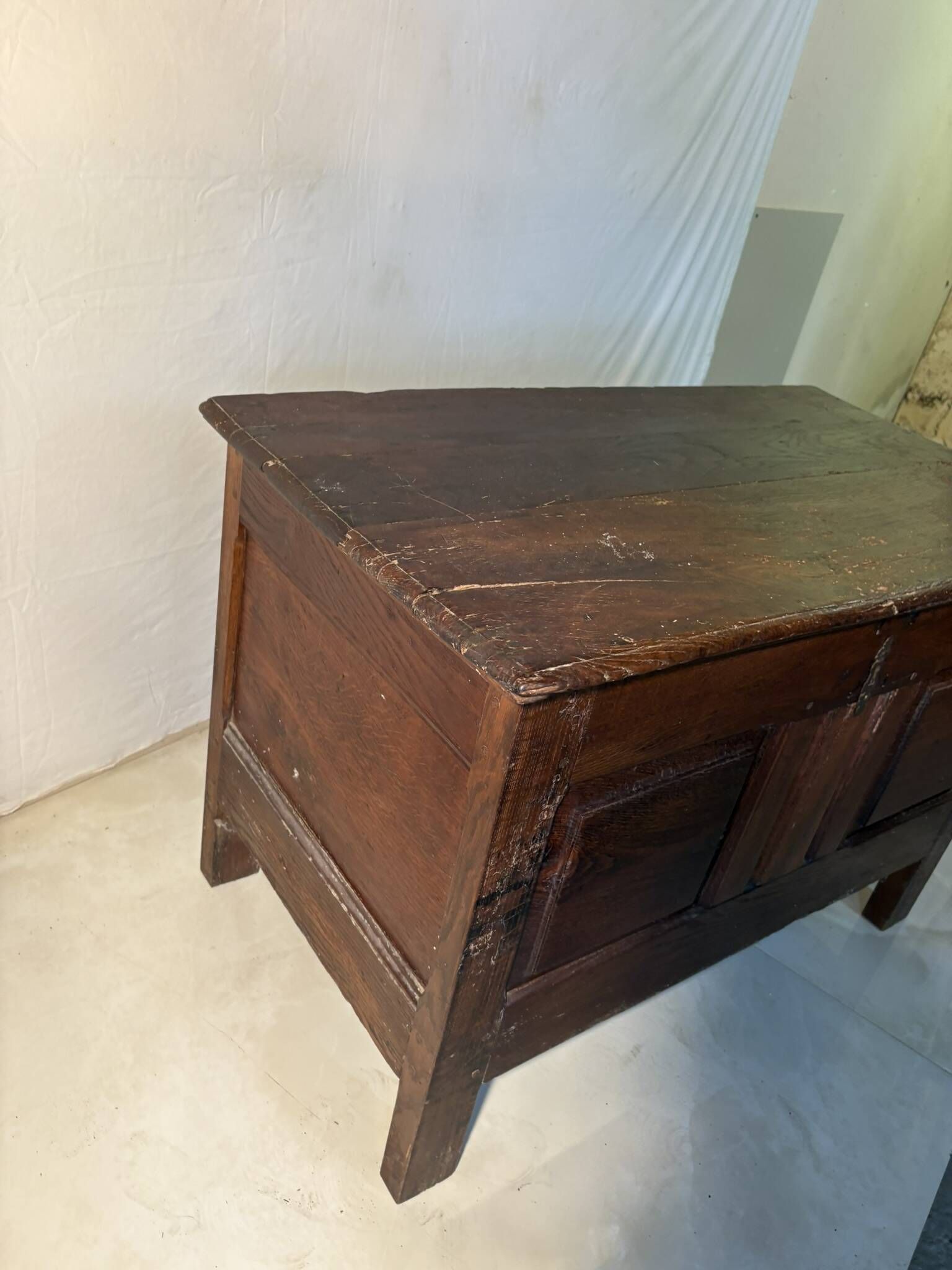 Rustic antique oak chest, original fittings and moulded panels.