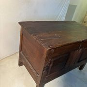 Rustic antique oak chest, original fittings and moulded panels.