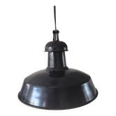 Vintage French industrial pendant lamps in black enamel.