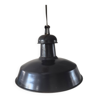 Vintage French industrial pendant lamps in black enamel.