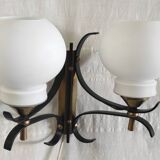 Opaline double globe wall lamp, wrought iron and brass - 50s/60s