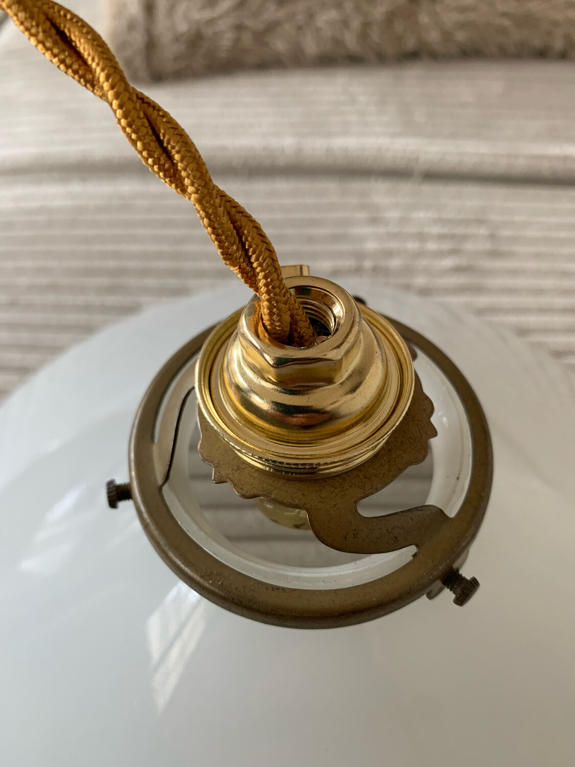 Old vintage suspension lamp in white opaline