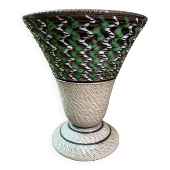 Lucien brisdoux, art deco cornet vase, enameled decor, 1940s, Besnard era